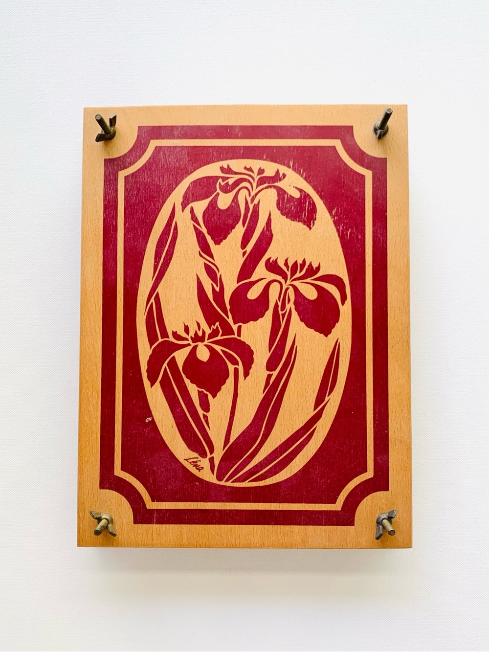 RARE VINTAGE Lena Red Floral Orchid Print on Wood Plant Press